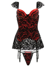 Load image into Gallery viewer, Fall Winter Skirted Bustier W-lace Overlay &amp; Panty Black-red Lg