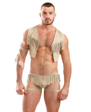 Load image into Gallery viewer, Mens Play On The Hunty Fringe Vest, Arm Band &amp; Caged Underwear Beige Lg