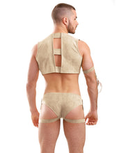 Load image into Gallery viewer, Mens Play On The Hunty Fringe Vest, Arm Band &amp; Caged Underwear Beige Lg