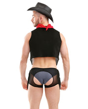 Load image into Gallery viewer, Mens Play Bucking Bronco Vest, Handkerchief, Chap Shorts &amp; Underwear Black Md