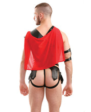 Load image into Gallery viewer, Mens Play Gluteus Maximus Trojan Harness Cape Top, Skirted Underwear &amp; Arm Cuff Black Md