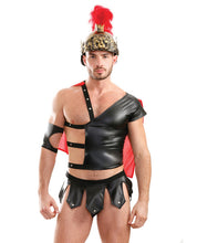 Load image into Gallery viewer, Mens Play Gluteus Maximus Trojan Harness Cape Top, Skirted Underwear &amp; Arm Cuff Black Sm