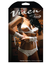 Load image into Gallery viewer, Vixen Forever Yours Open Cup Lace Bra, Panty &amp; Wristlets White Qn