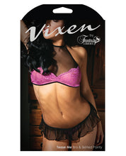 Load image into Gallery viewer, Vixen Tease Me Lace &amp; Mesh Bralette &amp; Skirted G-string Black-magenta Qn