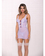 Load image into Gallery viewer, Lace &amp; Mesh Chemise W-lightly Padded Underwire Cups, Garter &amp; G-string Lavender Md