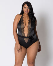 Load image into Gallery viewer, Eyelash Lace &amp; Stretch Satin Teddy W-satin Halter Tie, Snap Crotch &amp; Satin Waist Sash Black 3x