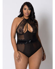 Load image into Gallery viewer, Halter Striped Mesh &amp; Lace Teddy W-underwire Lace, Velvet Waistband &amp; Lace Trim Black 3x