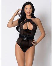 Load image into Gallery viewer, Halter Striped Mesh &amp; Lace Teddy W-underwire Lace, Velvet Waistband &amp; Lace Trim Black Md