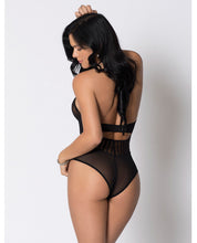 Load image into Gallery viewer, Halter Striped Mesh &amp; Lace Teddy W-underwire Lace, Velvet Waistband &amp; Lace Trim Black Sm
