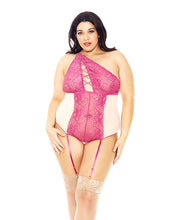 Load image into Gallery viewer, Asymmetrical Lace Teddy W-garters Magenta 1x