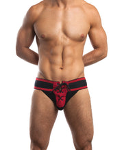 Load image into Gallery viewer, Jack Adams Footballer Lace Up Jockstrap 3" Waistband &amp; Front Lacing Black-red Sm