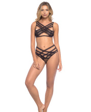 Load image into Gallery viewer, Strappy Elastic &amp; Mesh Soft Cup Bra &amp; Ruched Back Panty Black O-s