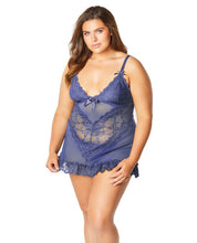 Load image into Gallery viewer, Soft Cup &amp; Lace Babydoll W-g-string Blue Indigo 1x-2x