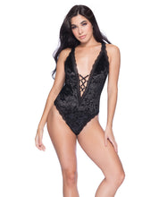Load image into Gallery viewer, Amalie Crushed Velvet W-lace Up Plunge Neckline Black 4x