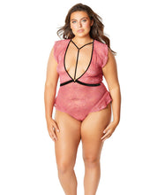 Load image into Gallery viewer, Flutter Sleeve Plunge Bodysuit W-velvet Edges &amp; Harness Neckline Holly Berry-black 3x