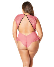 Load image into Gallery viewer, Flutter Sleeve Plunge Bodysuit W-velvet Edges &amp; Harness Neckline Holly Berry-black 4x