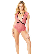 Load image into Gallery viewer, Flutter Sleeve Plunge Bodysuit W-velvet Edges &amp; Harness Neckline Holly Berry-black Xl