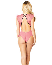 Load image into Gallery viewer, Flutter Sleeve Plunge Bodysuit W-velvet Edges &amp; Harness Neckline Holly Berry-black Xl