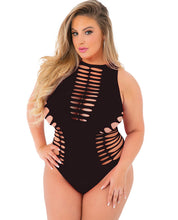 Load image into Gallery viewer, Pink Lipstick Shredded Seamless Bodysuit W-high Neck Black Qn