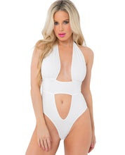 Load image into Gallery viewer, Pink Lipstick Deep Plunge Bodysuit White M-l