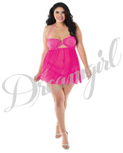 Load image into Gallery viewer, Stretch Lace &amp; Mesh Babydoll W-lace Cup, Adjustble Halter Ties &amp; Crotch Thong Hot Pink Qn