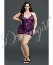 Load image into Gallery viewer, Ruched Sheer Front Zipper Chemise W-g-string Plum Qn