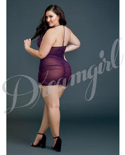 Load image into Gallery viewer, Ruched Sheer Front Zipper Chemise W-g-string Plum Qn
