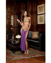 Load image into Gallery viewer, 3 Pc Halter Bra W-coin Trim, Thong W-attached Mesh Skirt &amp; Neck Collar W-chain Leash Gold O-s