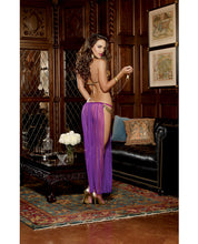Load image into Gallery viewer, 3 Pc Halter Bra W-coin Trim, Thong W-attached Mesh Skirt &amp; Neck Collar W-chain Leash Gold O-s