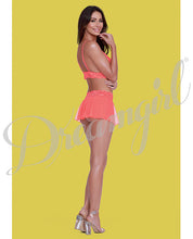 Load image into Gallery viewer, Simply Sexy Stretch Galloon Lace Strappy Bralette, Mesh Skirt &amp; G-string Coral O-s