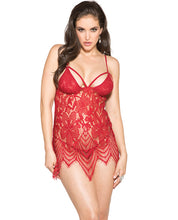 Load image into Gallery viewer, Sheer Floral Applique Chemise W-g-string Red Sm