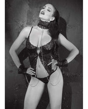 Load image into Gallery viewer, Stretch Lace Thong Teddy W-underwire Cups, Collar &amp; Cuffs Black Lg