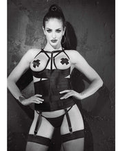 Load image into Gallery viewer, Satin Elastic Strppy Open Bust Bstier W-remvable &amp; Adjustable Grters, Pasties G-string Black 32