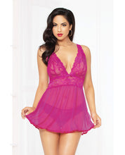Load image into Gallery viewer, Valentines Floral Galloon Lace Babydoll W-adjstble Strps, Satin Ribbon Bow &amp; Panty Raspberry S-m