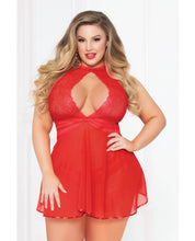 Load image into Gallery viewer, Lace Mesh Babydoll W-strappy Waist &amp; Panty W-criss Cross Waistband Red 1x-2x