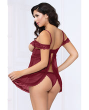 Load image into Gallery viewer, Lace &amp; Mesh Open Cups Babydoll W-fly Away Back &amp; Panty Wine Lg