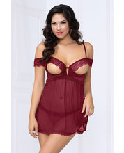 Load image into Gallery viewer, Lace &amp; Mesh Open Cups Babydoll W-fly Away Back &amp; Panty Wine Md