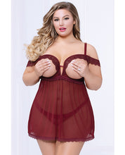 Load image into Gallery viewer, Lace &amp; Mesh Open Cups Babydoll W-fly Away Back &amp; Panty Wine 3x-4x