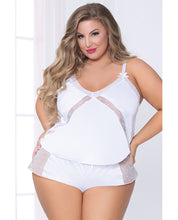 Load image into Gallery viewer, Satin Cami W-dot Mesh Trim W-matching Shorts White 1x-2x