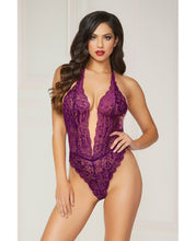 Load image into Gallery viewer, Floral Lace Teddy W-halter Satin Ribbon Ties &amp; Snap Crotch Purple O-s